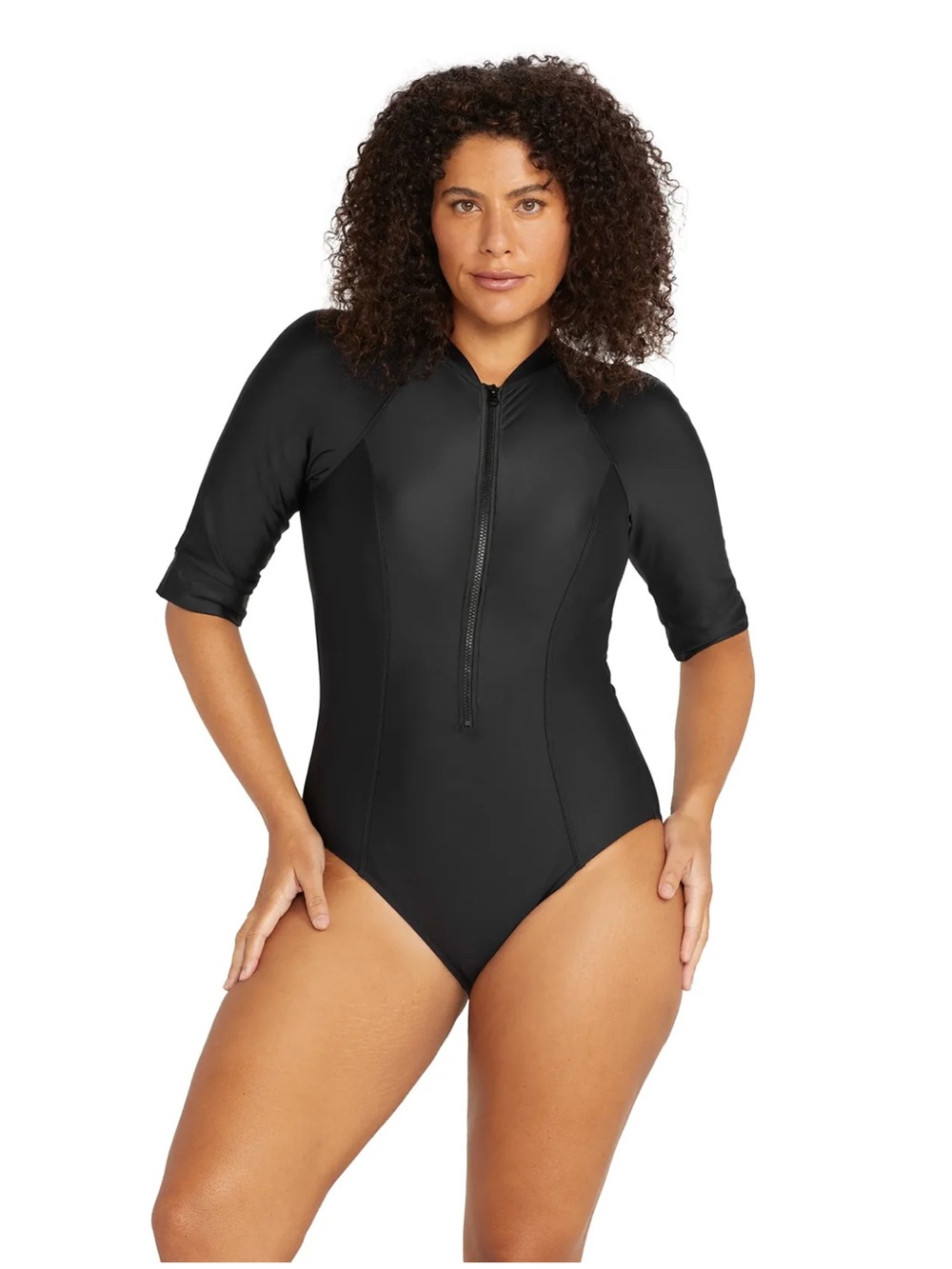 Artesands Sunsafe Black Zip Front Short Sleeve One Piece Swimsuit Contour Seams